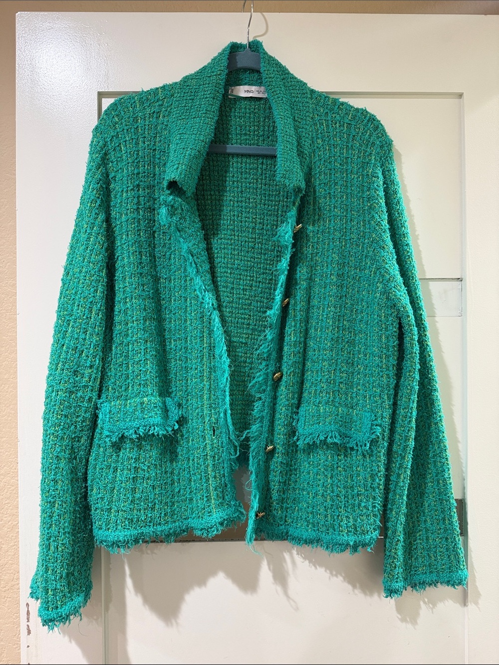 Mango Emerald Green Bouclé Knit Cardigan
